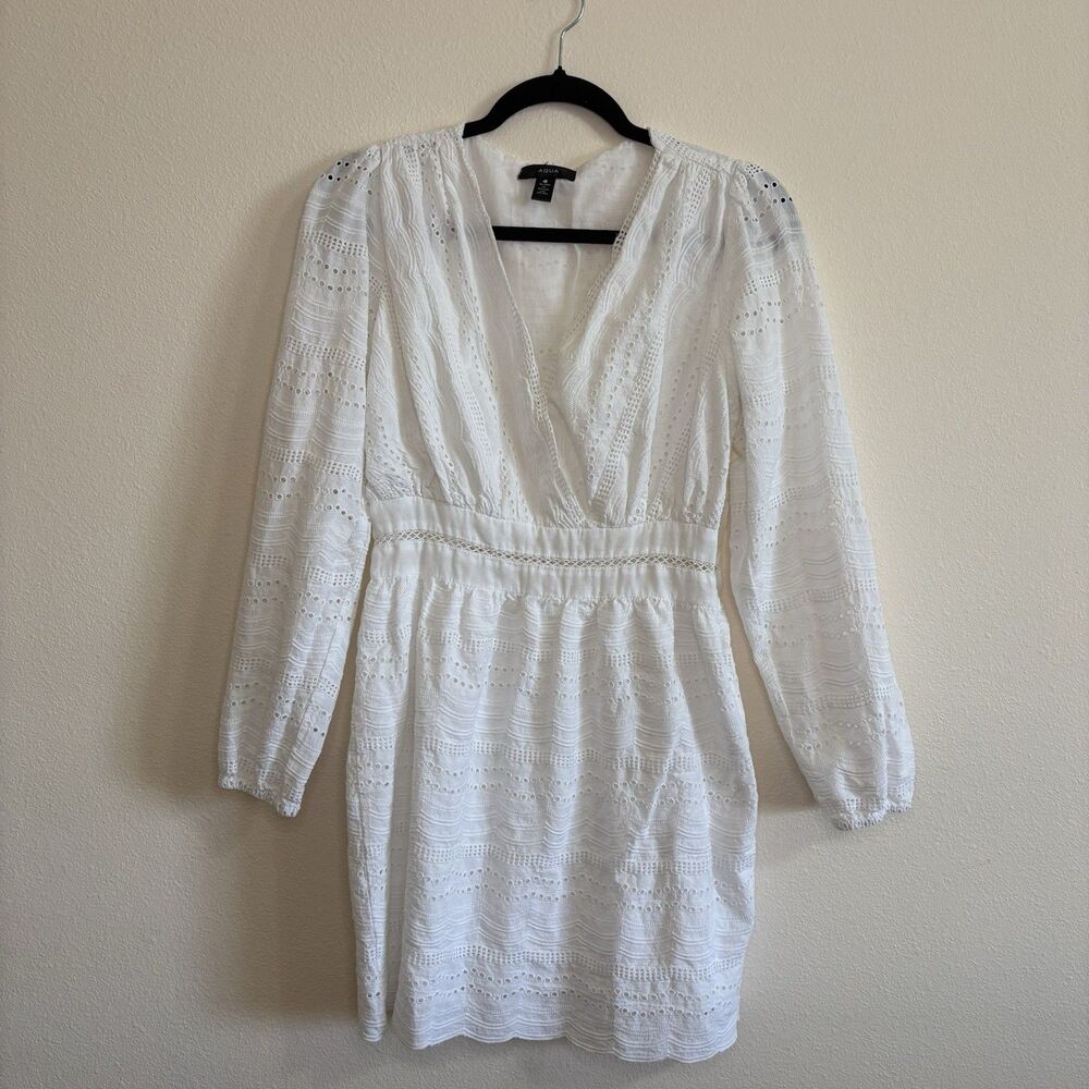 Aqua Women's White Eyelet Lace V-Neck Long Sleeved Mini Dress Size S Cotton